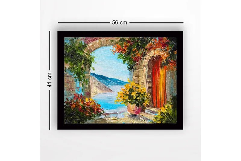 Innrammet lerret i tre - 41x56 cm - Utsikt gjennom en steinbue med blomster og hav i bakgrunnen - Grønn / Blå / Oransje - Innredning - Bilder & kunst