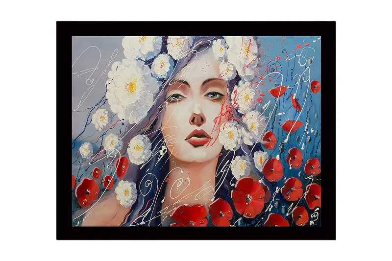 Innrammet lerret i tre - 41x56 cm - Uttrykksfullt portrett av kvinne omgitt av hvite og røde blomster - Rød / Blå / Hvit - Innredning - Bilder & kunst