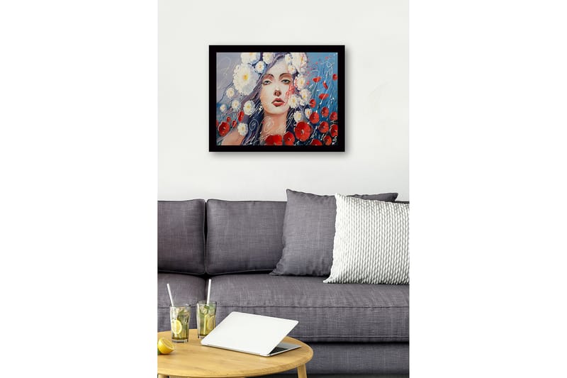 Innrammet lerret i tre - 41x56 cm - Uttrykksfullt portrett av kvinne omgitt av hvite og røde blomster - Rød / Blå / Hvit - Innredning - Bilder & kunst