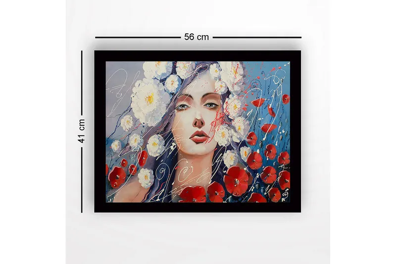 Innrammet lerret i tre - 41x56 cm - Uttrykksfullt portrett av kvinne omgitt av hvite og røde blomster - Rød / Blå / Hvit - Innredning - Bilder & kunst