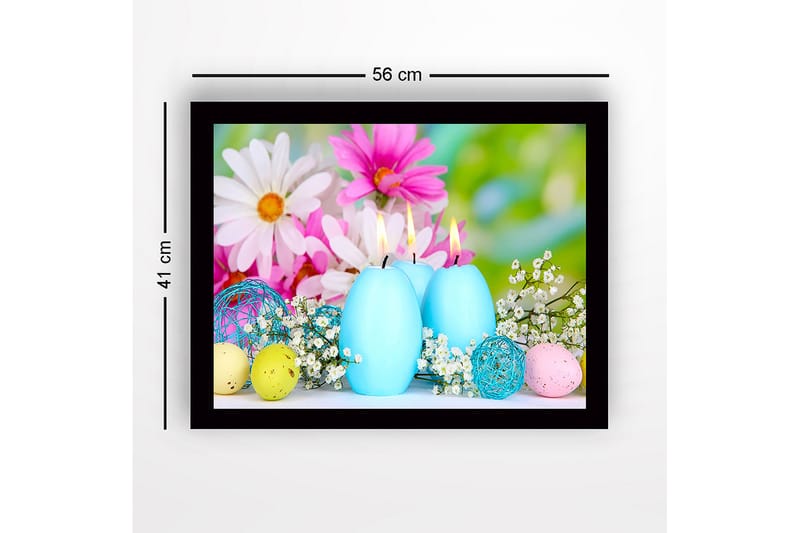 Innrammet lerret i tre - 41x56 cm - Vårro med lyseblå lys og fargerike påskeegg - Lys blå / Rosa / Gul - Innredning - Bilder & kunst