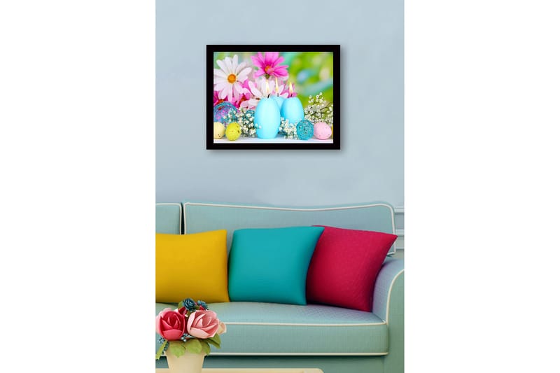 Innrammet lerret i tre - 41x56 cm - Vårro med lyseblå lys og fargerike påskeegg - Lys blå / Rosa / Gul - Innredning - Bilder & kunst
