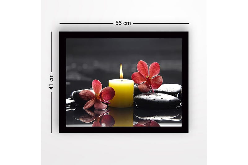 Innrammet lerret i tre - 41x56 cm - Vakker komposisjon av orkideer og et stearinlys på svarte steiner - Rød / Gul / Svart - Innredning - Bilder & kunst