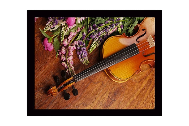 Innrammet lerret i tre - 41x56 cm - Vakker komposisjon med en fiolin og fargerike blomster - Lilla / Rosa / Brun - Innredning - Bilder & kunst