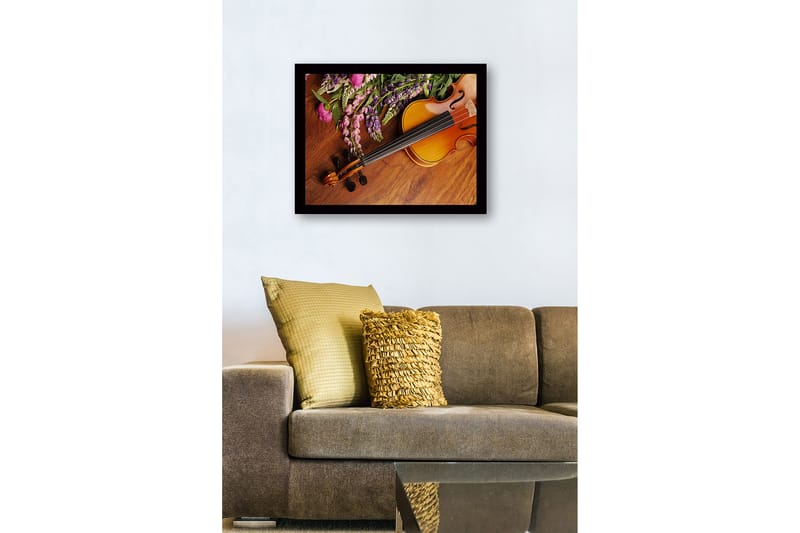 Innrammet lerret i tre - 41x56 cm - Vakker komposisjon med en fiolin og fargerike blomster - Lilla / Rosa / Brun - Innredning - Bilder & kunst
