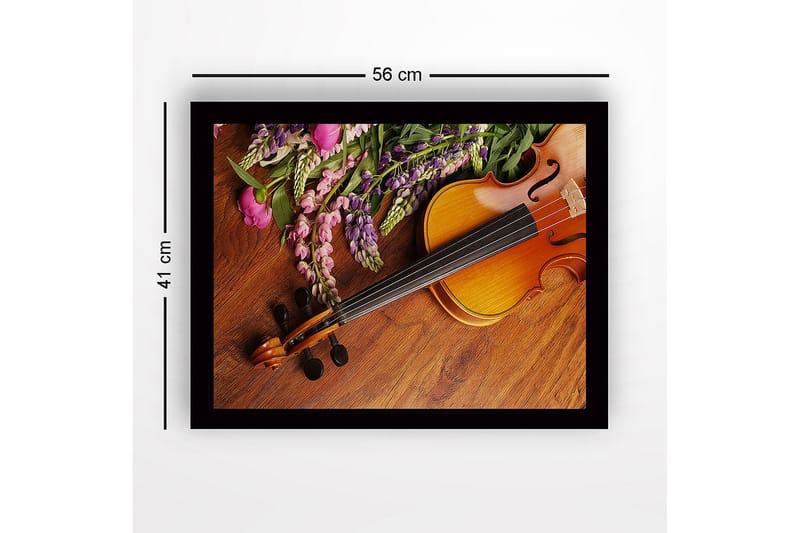 Innrammet lerret i tre - 41x56 cm - Vakker komposisjon med en fiolin og fargerike blomster - Lilla / Rosa / Brun - Innredning - Bilder & kunst
