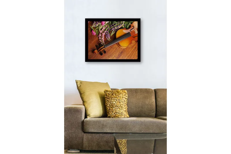 Innrammet lerret i tre - 41x56 cm - Vakker komposisjon med en fiolin og fargerike blomster - Lilla / Rosa / Brun - Innredning - Bilder & kunst