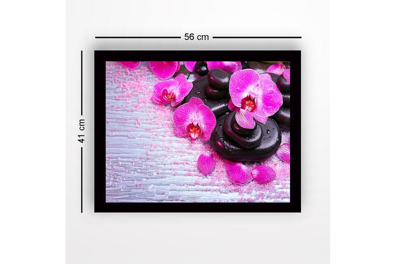 Innrammet lerret i tre - 41x56 cm - Vakker samling av orkideer og svarte steiner - Rosa / Svart / Lys grå - Innredning - Bilder & kunst