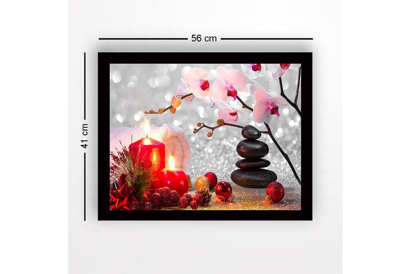 Innrammet lerret i tre - 41x56 cm - Vakker stillhet med stearinlys, blomster og steiner - Rød / Svart / Rosa - Innredning - Bilder & kunst