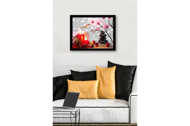 Innrammet lerret i tre - 41x56 cm - Vakker stillhet med stearinlys, blomster og steiner - Rød / Svart / Rosa - Innredning - Bilder & kunst