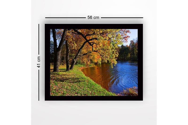 Innrammet lerret i tre - 41x56 cm - Vakkert høstlandskap med fargerike trær og speilblanke vannflater - Gull / Grønn / Blå - Innredning - Bilder & kunst