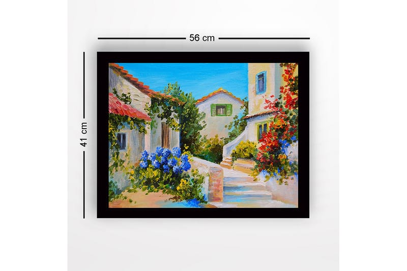 Innrammet lerret i tre - 41x56 cm - Vakkert middelhavsmiljø med blomster og hus i sterke farger - Blå / Grønn / Rød - Innredning - Bilder & kunst