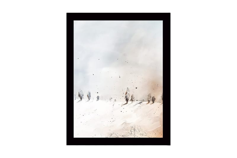 Innrammet lerret i tre - 41x56 cm - Vinterlandskap med snødekte trær, Hvit / Lys grå / Beige
