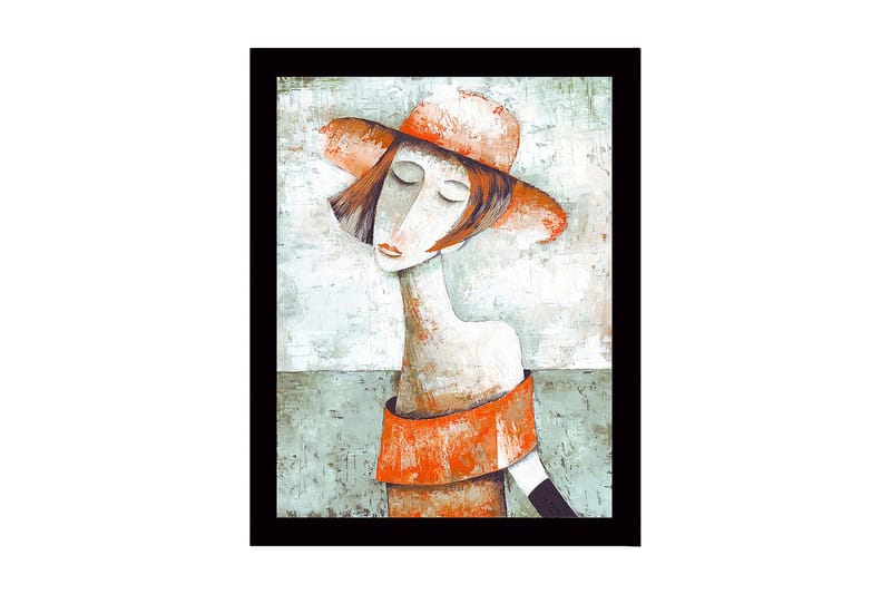 Innrammet lerret i tre - 41x56 cm - Portrett av en kvinne med hatt og rødoransje kjole, Grønn / Rødoransje / Beige