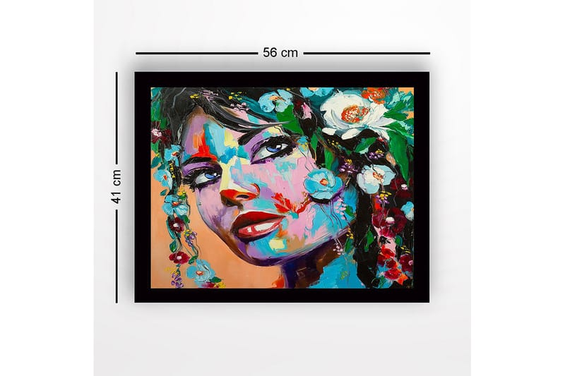 Innrammet lerret i tre - 41x56 cm - Portrett av en kvinne med blomsterdekorasjoner i håret - Blå / Grønn / Rød - Innredning - Bilder & kunst
