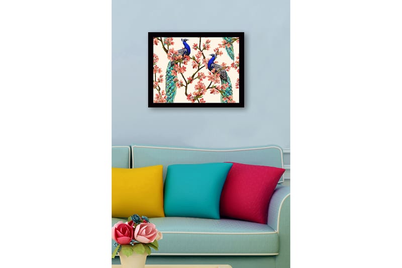 Innrammet lerret i tre - 41x56 cm - Påfugler sitter blant blomstrende grener - Blå / Rosa / Grønn - Innredning - Bilder & kunst