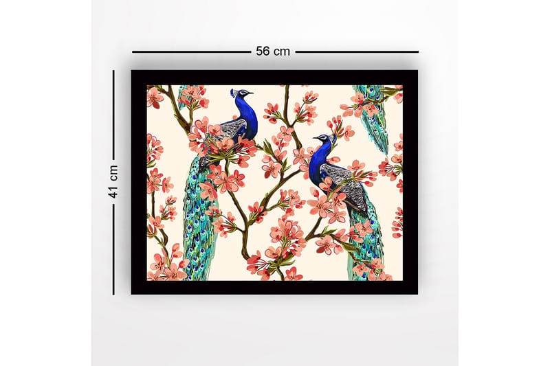 Innrammet lerret i tre - 41x56 cm - Påfugler sitter blant blomstrende grener - Blå / Rosa / Grønn - Innredning - Bilder & kunst