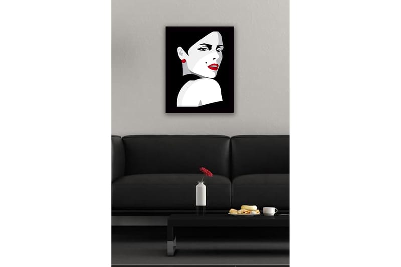 Innrammet lerret i tre - 41x56 cm - Portrett av en kvinne med dramatisk utseende og rød leppestift - Rød / Svart / Grå - Innredning - Bilder & kunst