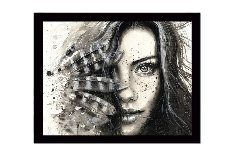 Innrammet lerret i tre - 41x56 cm - Portrett av en kvinne med fjær og abstrakte elementer - Svart / Grå / Beige - Innredning - Bilder & kunst