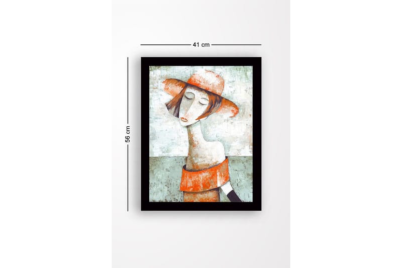 Innrammet lerret i tre - 41x56 cm - Portrett av en kvinne med hatt og rødoransje kjole - Grønn / Rødoransje / Beige - Innredning - Bilder & kunst