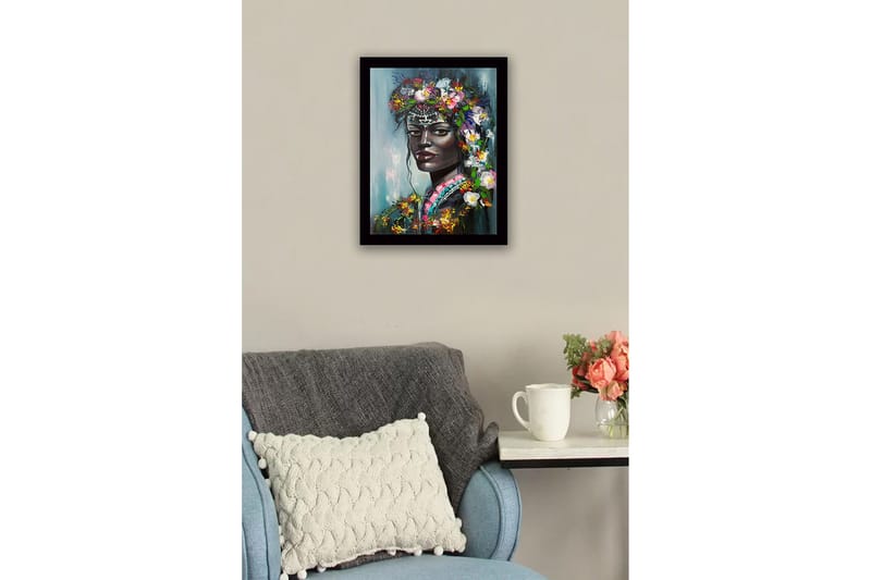 Innrammet lerret i tre - 41x56 cm - Portrett av en kvinne med blomster i håret - Svart / Grønn / Rosa - Innredning - Bilder & kunst
