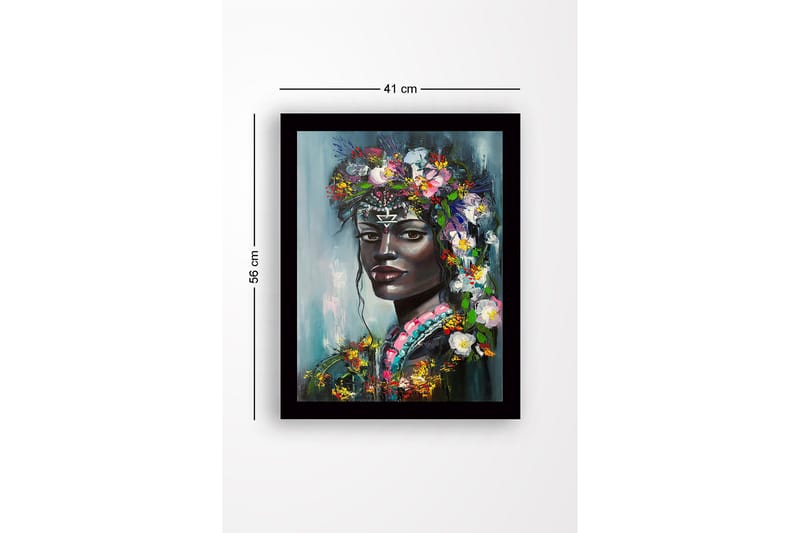 Innrammet lerret i tre - 41x56 cm - Portrett av en kvinne med blomster i håret - Svart / Grønn / Rosa - Innredning - Bilder & kunst