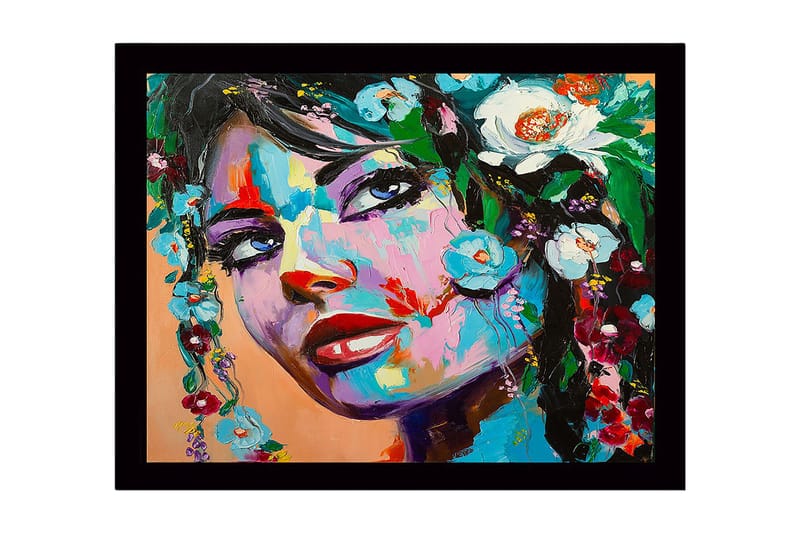 Innrammet lerret i tre - 41x56 cm - Portrett av en kvinne med blomsterdekorasjoner i håret, Blå / Grønn / Rød