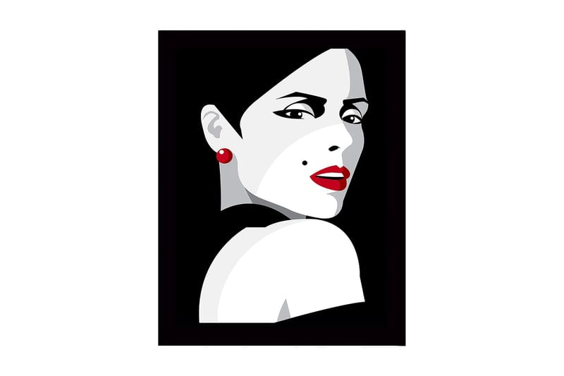 Innrammet lerret i tre - 41x56 cm - Portrett av en kvinne med dramatisk utseende og rød leppestift, Rød / Svart / Grå