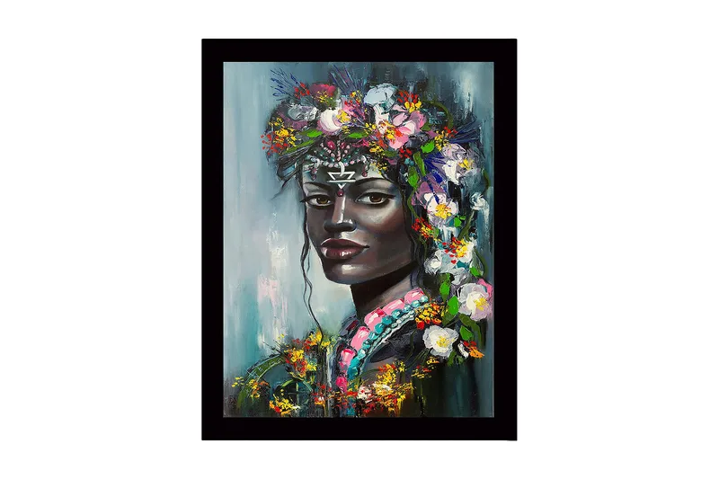Innrammet lerret i tre - 41x56 cm - Portrett av en kvinne med blomster i håret, Svart / Grønn / Rosa