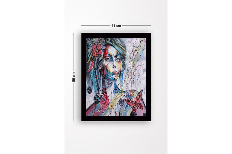 Innrammet lerret i tre - 41x56 cm - Portrett av en kvinne med fargerike detaljer og en sommerfugl - Rosa / Blå / Gul - Innredning - Bilder & kunst