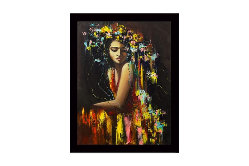 Innrammet lerret i tre - 41x56 cm - Portrett av en kvinne med blomster i håret, Gul / Rød / Grønn