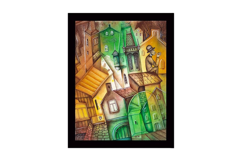 Innrammet lerretsbilde i tre - 41x56 cm - Abstrakt bybilde med vinklede bygninger og en mann med hatt - Grønn / Brun / Gul - Innredning - Bilder & kunst