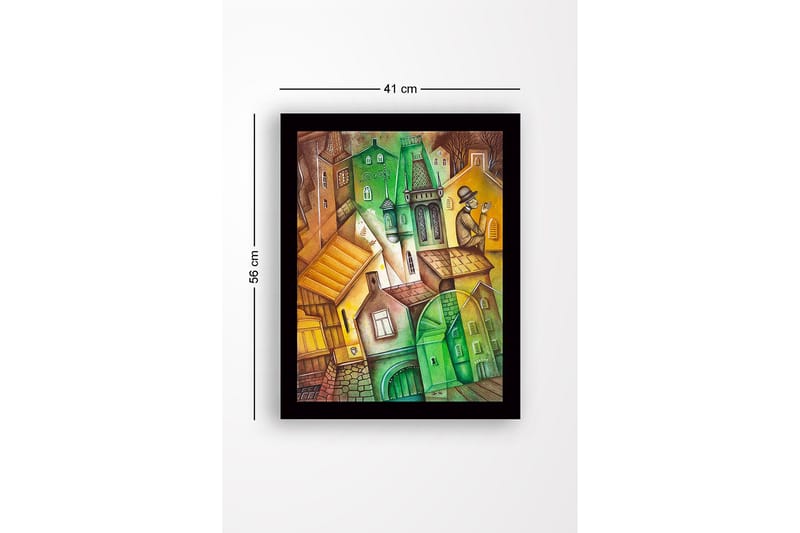 Innrammet lerretsbilde i tre - 41x56 cm - Abstrakt bybilde med vinklede bygninger og en mann med hatt - Grønn / Brun / Gul - Innredning - Bilder & kunst