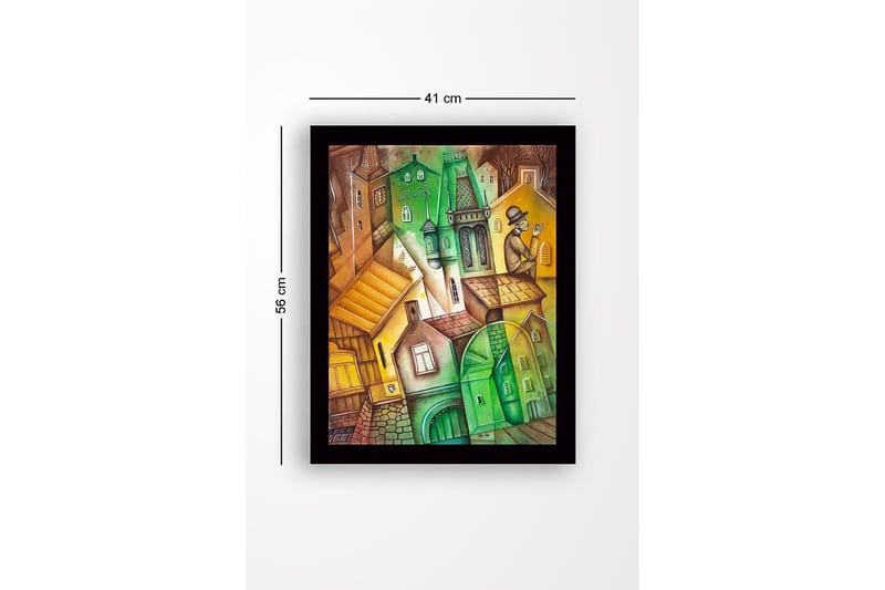 Innrammet lerretsbilde i tre - 41x56 cm - Abstrakt bybilde med vinklede bygninger og en mann med hatt - Grønn / Brun / Gul - Innredning - Bilder & kunst