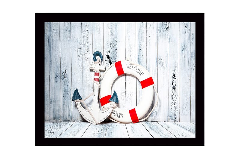Innrammet lerretsbilde i tre - 41x56 cm - Anker og livbøye med velkomstmelding, Hvit / Rød / Blå