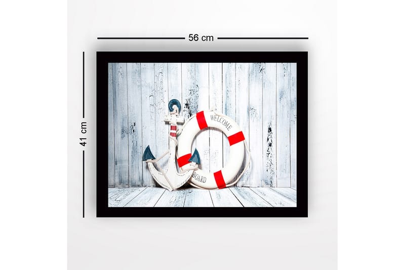 Innrammet lerretsbilde i tre - 41x56 cm - Anker og livbøye med velkomstmelding - Hvit / Rød / Blå - Innredning - Bilder & kunst
