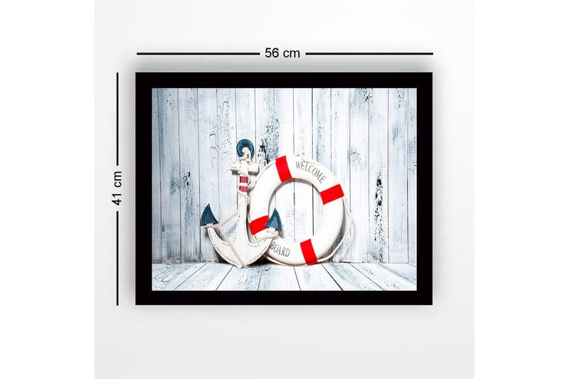 Innrammet lerretsbilde i tre - 41x56 cm - Anker og livbøye med velkomstmelding - Hvit / Rød / Blå - Innredning - Bilder & kunst