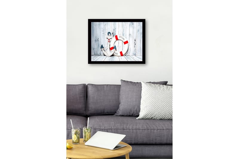 Innrammet lerretsbilde i tre - 41x56 cm - Anker og livbøye med velkomstmelding - Hvit / Rød / Blå - Innredning - Bilder & kunst