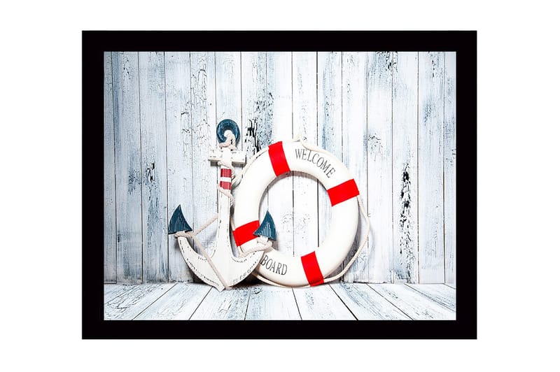 Innrammet lerretsbilde i tre - 41x56 cm - Anker og livbøye med velkomstmelding, Hvit / Rød / Blå