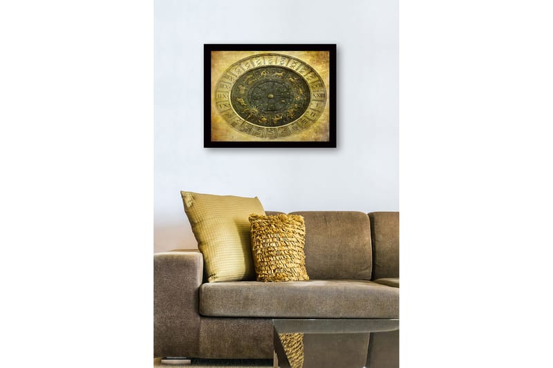 Innrammet lerretsbilde i tre - 41x56 cm - Astrologisk kart med stjernetegn og stjerner - Gull / Svart / Grå - Innredning - Bilder & kunst