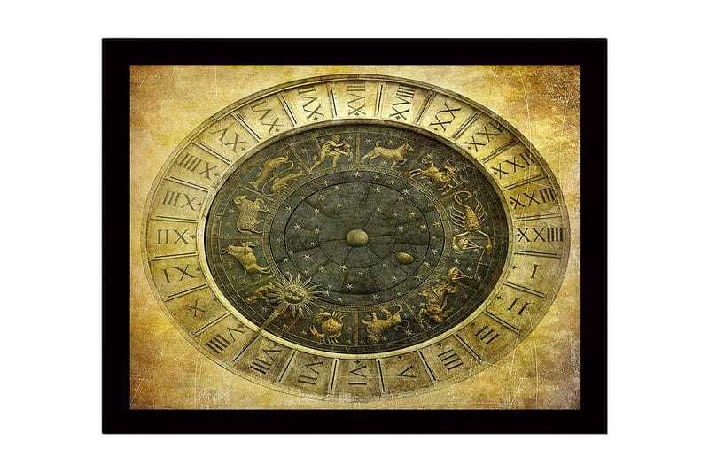 Innrammet lerretsbilde i tre - 41x56 cm - Astrologisk kart med stjernetegn og stjerner, Gull / Svart / Grå