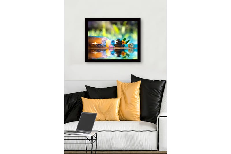 Innrammet lerretsbilde i tre - 41x56 cm - Avslappende stillhet med steiner, stearinlys og en blomst - Grønn / Blå / Beige - Innredning - Bilder & kunst