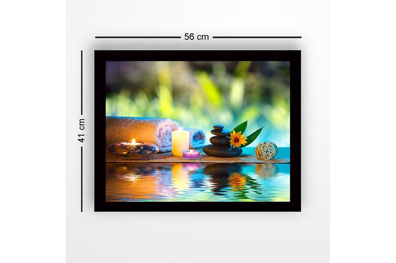 Innrammet lerretsbilde i tre - 41x56 cm - Avslappende stillhet med steiner, stearinlys og en blomst - Grønn / Blå / Beige - Innredning - Bilder & kunst