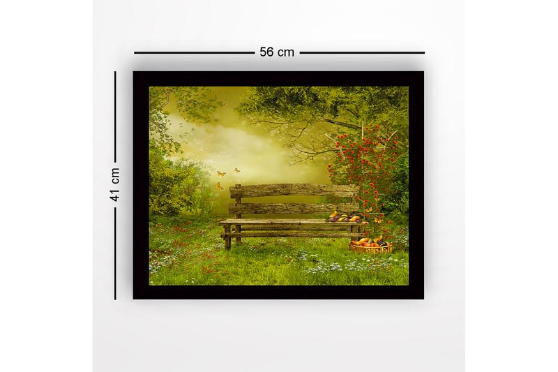 Innrammet lerretsbilde i tre - 41x56 cm - Benk i en frodig hage omgitt av blomster og sommerfugler - Grønn / Brun / Gul - Innredning - Bilder & kunst