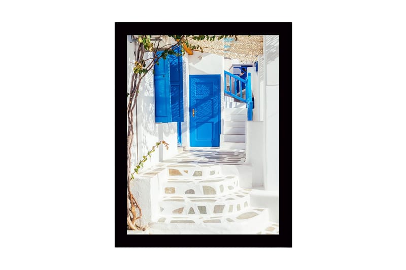 Innrammet lerretsbilde i tre - 41x56 cm - Blå dører og trapper i en hvitkalket smug, Blå / Hvit