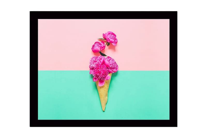 Innrammet lerretsbilde i tre - 41x56 cm - Blomster i en glasskjegle mot en fargerik bakgrunn, Rosa / Grønn / Gul