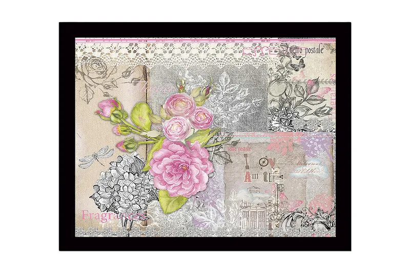 Innrammet lerretsbilde i tre - 41x56 cm - Blomsterkomposisjon med rosa roser og detaljer i vintagestil, Rosa / Grå / Beige