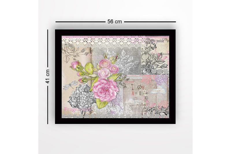 Innrammet lerretsbilde i tre - 41x56 cm - Blomsterkomposisjon med rosa roser og detaljer i vintagestil - Rosa / Grå / Beige - Innredning - Bilder & kunst