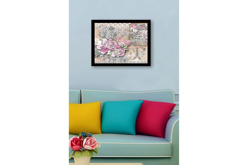 Innrammet lerretsbilde i tre - 41x56 cm - Blomsterkomposisjon med roser og vintage-elementer - Rosa / Grå / Beige - Innredning - Bilder & kunst