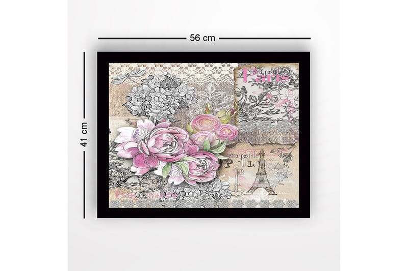 Innrammet lerretsbilde i tre - 41x56 cm - Blomsterkomposisjon med roser og vintage-elementer - Rosa / Grå / Beige - Innredning - Bilder & kunst